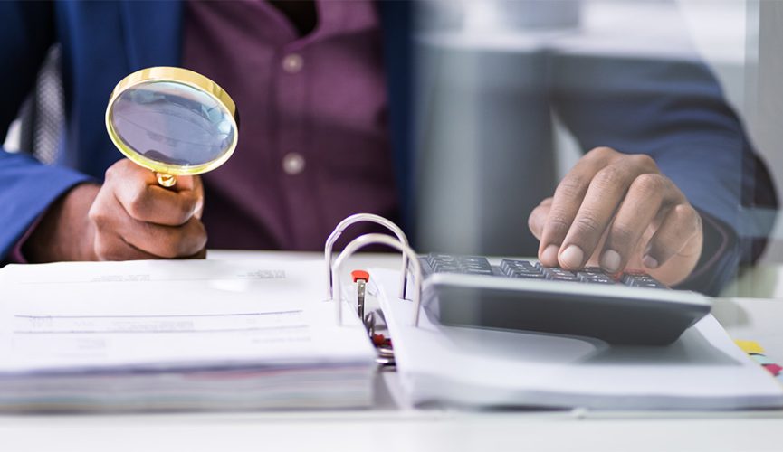 Closeup Of Auditor Scrutinizing Financial Documents At Desk In Office